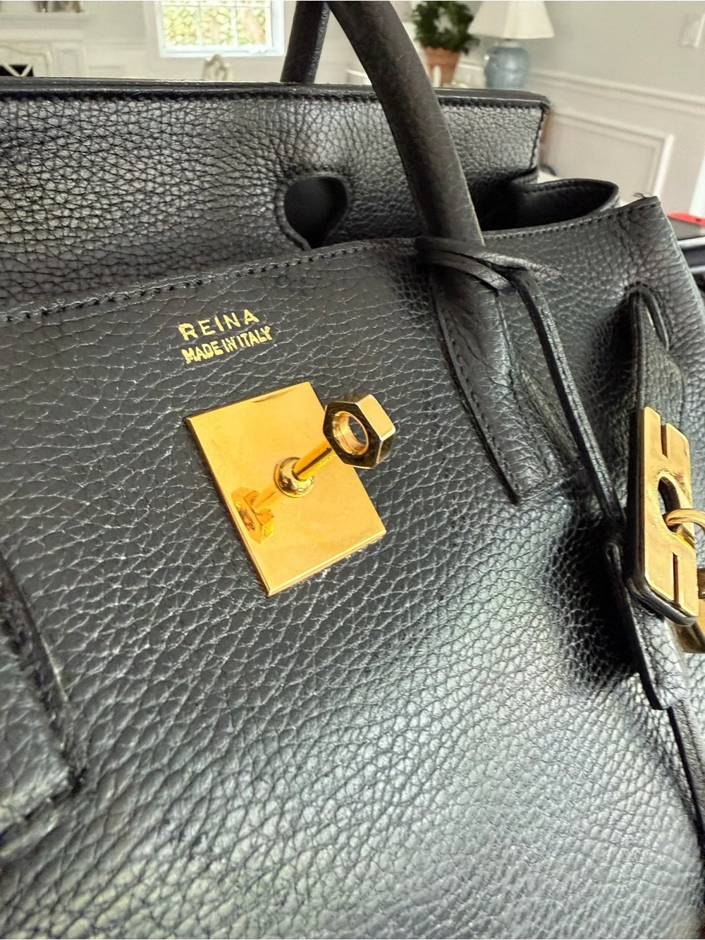 Reina Italian leather vintage Kelly style Tote Bag with Gold Hardware - Picture 12 of 14